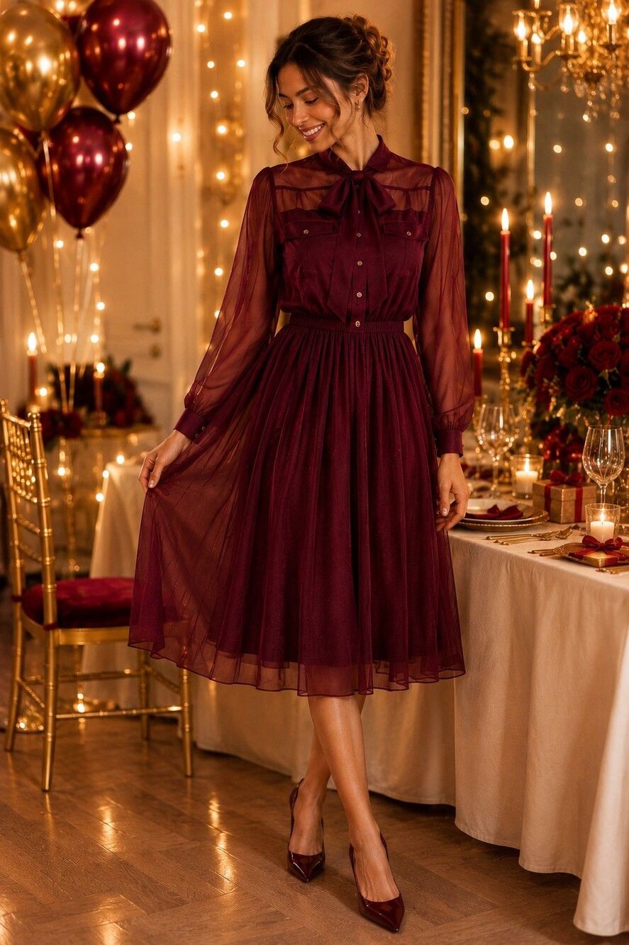 Vintage Romantic Burgundy Sheer Bow Tie Midi Dress Feminine Elegant S
